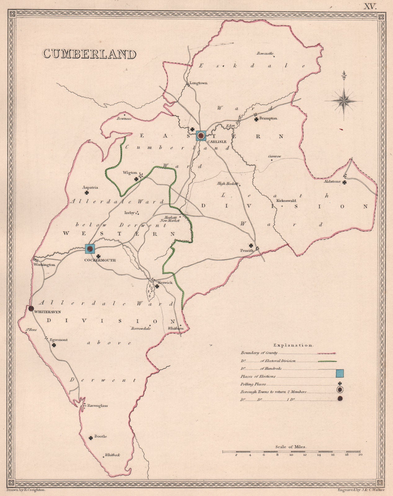 CUMBERLAND antique county map by CREIGHTON/WALKER. Cumbria. Electoral 1835